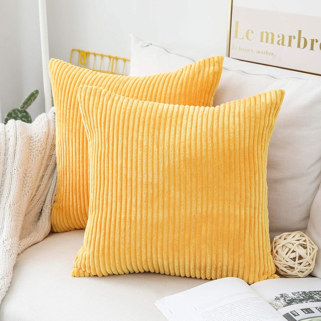 Yellow Throw Pillow Covers 18x18 Set of 2 Super Soft Couch Pillow Covers Decorative Striped Corduroy Mustard Throw Pillows for Couch Bed Spring, 18 x 18 inch, Sunflower Yellow